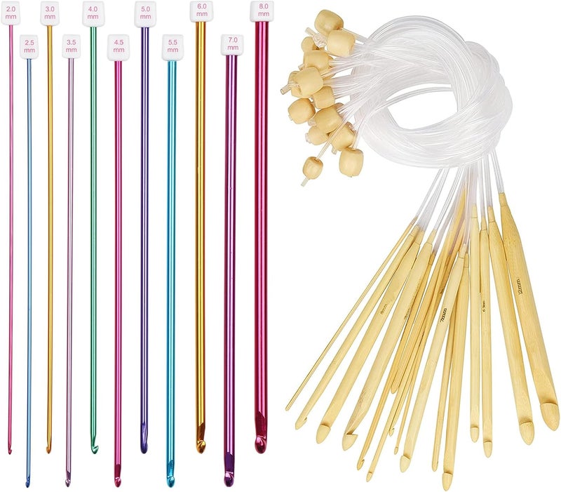 Aeelike Tunisian Crochet Hooks Set with Cable, 11PCS Aluminum Tunisian Crochet Hook 2-8 mm Colorful & 12 PCS Wood Afghan Crochet Hooks 3.5-12 mm, Smooth-Long for Beginners - Image 1